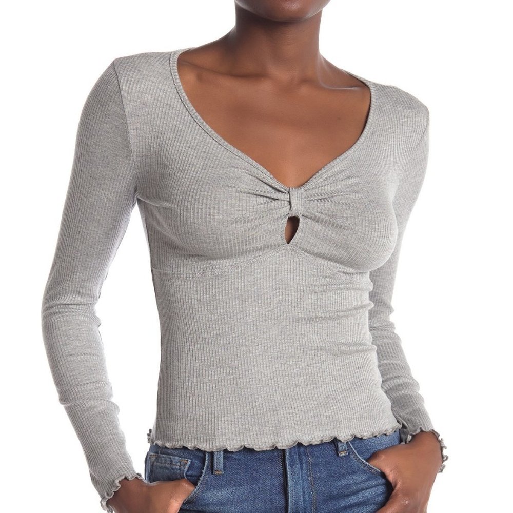 GOOD LUCK GEM Lettuce Edge Ribbed Shirt Grey